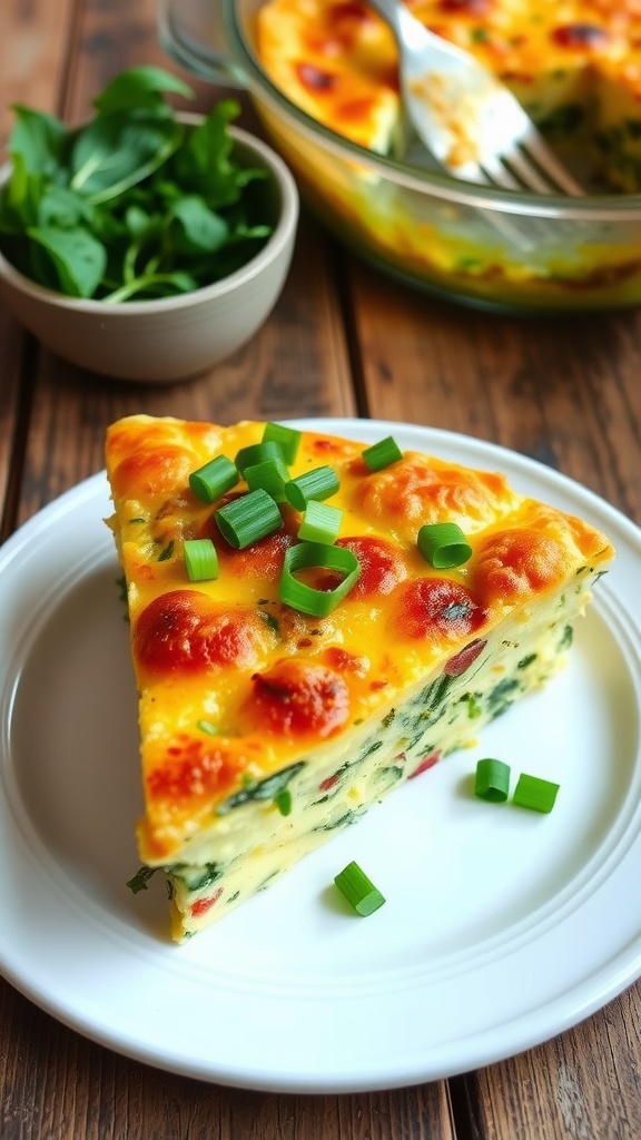 Savory cottage cheese egg bake slice with vegetables, served on a white plate with green onions, on a rustic wooden table.